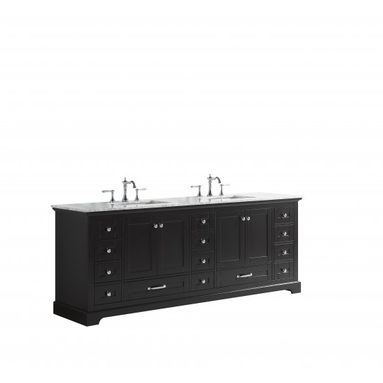 Dukes 84" Espresso Double Vanity, White Carrara Marble Top, White Square Sinks and no Mirror