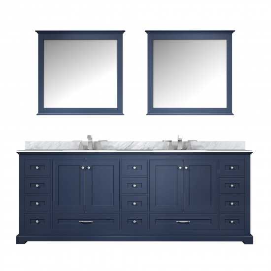 Dukes 84" Navy Blue Double Vanity, White Carrara Marble Top, White Square Sinks and 34" Mirrors w/ Faucets