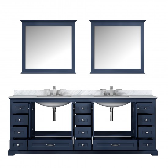 Dukes 84" Navy Blue Double Vanity, White Carrara Marble Top, White Square Sinks and 34" Mirrors w/ Faucets