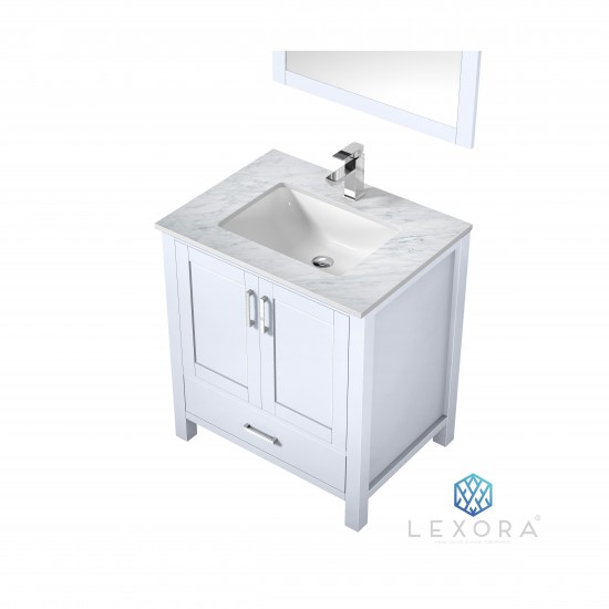 Jacques 30" White Single Vanity, White Carrara Marble Top, White Square Sink and 28" Mirror