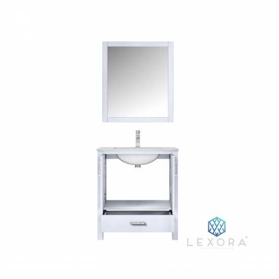 Jacques 30" White Single Vanity, White Carrara Marble Top, White Square Sink and 28" Mirror