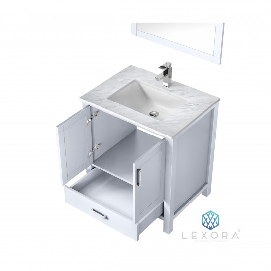 Jacques 30" White Single Vanity, White Carrara Marble Top, White Square Sink and 28" Mirror