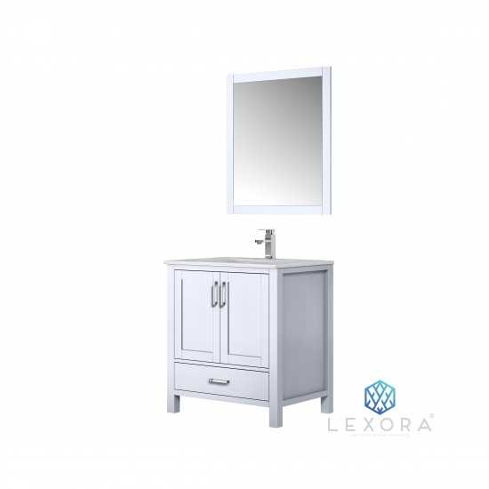 Jacques 30" White Single Vanity, White Carrara Marble Top, White Square Sink and 28" Mirror