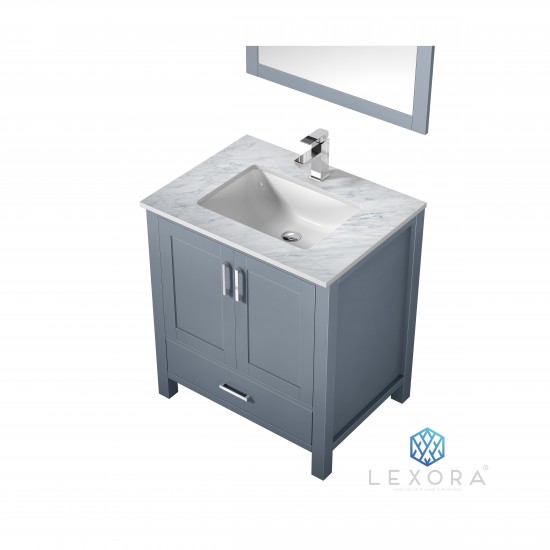 Jacques 30" Dark Grey Single Vanity, White Carrara Marble Top, White Square Sink and 28" Mirror