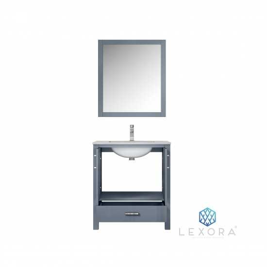 Jacques 30" Dark Grey Single Vanity, White Carrara Marble Top, White Square Sink and 28" Mirror