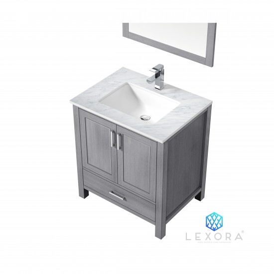 Jacques 30" Distressed Grey Single Vanity, White Carrara Marble Top, White Square Sink and 28" Mirror