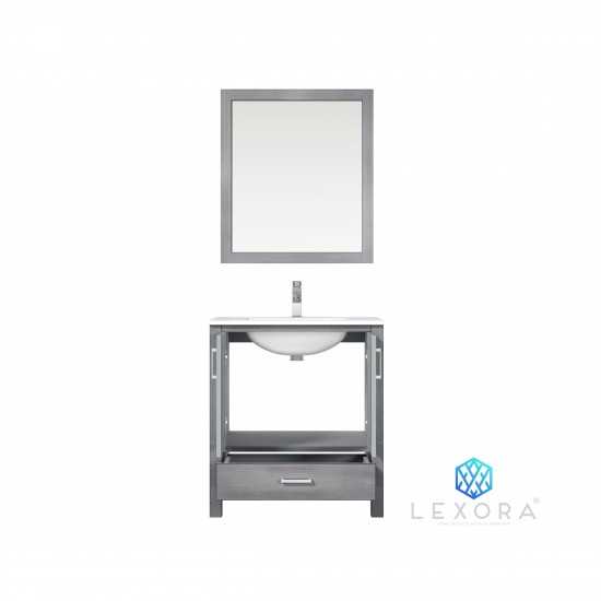 Jacques 30" Distressed Grey Single Vanity, White Carrara Marble Top, White Square Sink and 28" Mirror