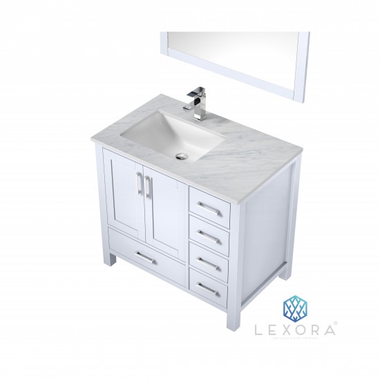 Jacques 36" White Single Vanity, White Carrara Marble Top, White Square Sink and 34" Mirror - Left Version