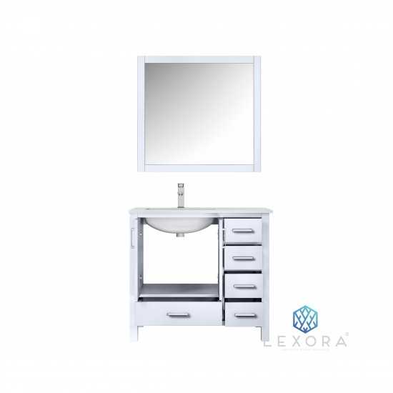 Jacques 36" White Single Vanity, White Carrara Marble Top, White Square Sink and 34" Mirror - Left Version