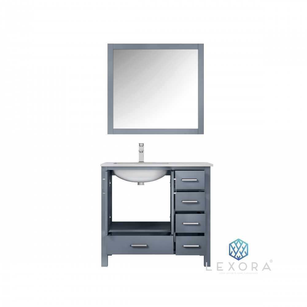 Jacques 36" Dark Grey Single Vanity, White Carrara Marble Top, White Square Sink and 34" Mirror - Left Version