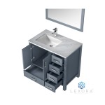 Jacques 36" Dark Grey Single Vanity, White Carrara Marble Top, White Square Sink and 34" Mirror - Left Version