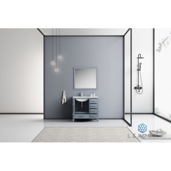 Jacques 36" Dark Grey Single Vanity, White Carrara Marble Top, White Square Sink and 34" Mirror - Left Version