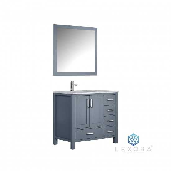 Jacques 36" Dark Grey Single Vanity, White Carrara Marble Top, White Square Sink and 34" Mirror - Left Version