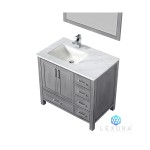 Jacques 36" Distressed Grey Single Vanity, White Carrara Marble Top, White Square Sink and 34" Mirror - Left Version