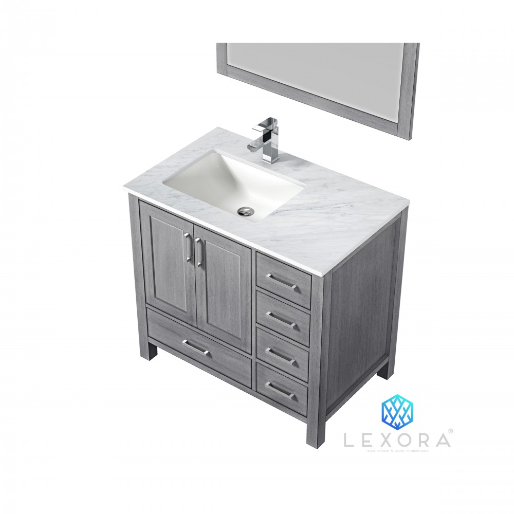 Jacques 36" Distressed Grey Single Vanity, White Carrara Marble Top, White Square Sink and 34" Mirror - Left Version