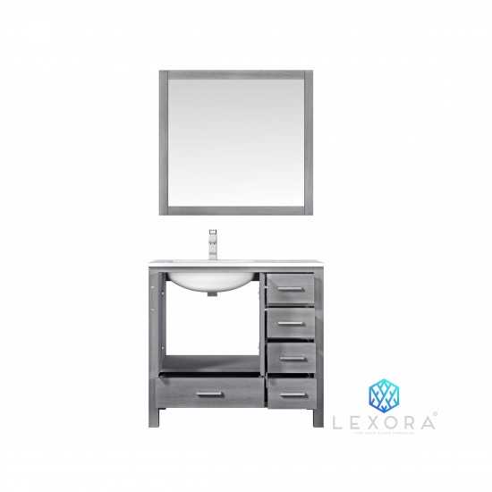 Jacques 36" Distressed Grey Single Vanity, White Carrara Marble Top, White Square Sink and 34" Mirror - Left Version