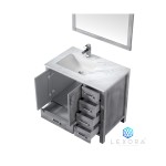 Jacques 36" Distressed Grey Single Vanity, White Carrara Marble Top, White Square Sink and 34" Mirror - Left Version