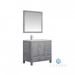 Jacques 36" Distressed Grey Single Vanity, White Carrara Marble Top, White Square Sink and 34" Mirror - Left Version