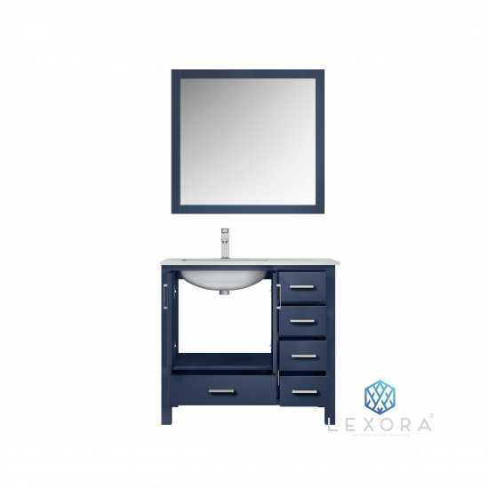 Jacques 36" Navy Blue Single Vanity, White Carrara Marble Top, White Square Sink and 34" Mirror - Left Version