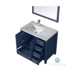 Jacques 36" Navy Blue Single Vanity, White Carrara Marble Top, White Square Sink and 34" Mirror - Left Version