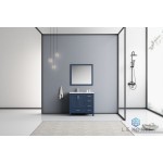 Jacques 36" Navy Blue Single Vanity, White Carrara Marble Top, White Square Sink and 34" Mirror - Left Version