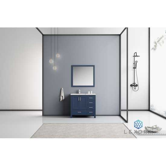 Jacques 36" Navy Blue Single Vanity, White Carrara Marble Top, White Square Sink and 34" Mirror - Left Version