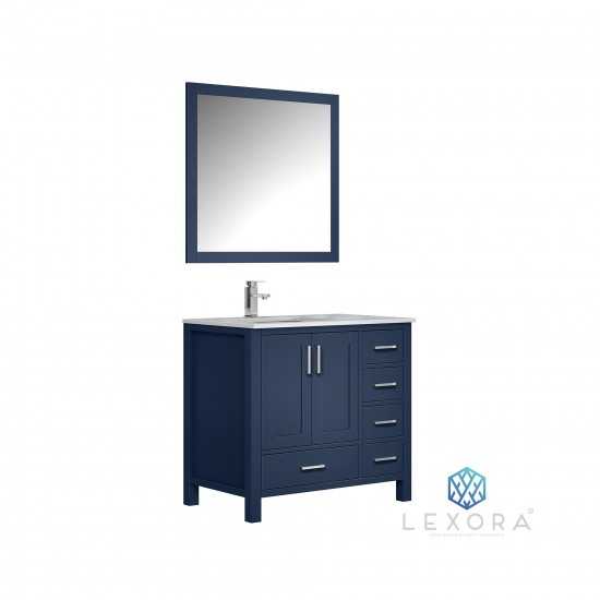 Jacques 36" Navy Blue Single Vanity, White Carrara Marble Top, White Square Sink and 34" Mirror - Left Version