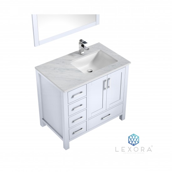 Jacques 36" White Single Vanity, White Carrara Marble Top, White Square Sink and 34" Mirror - Right Version