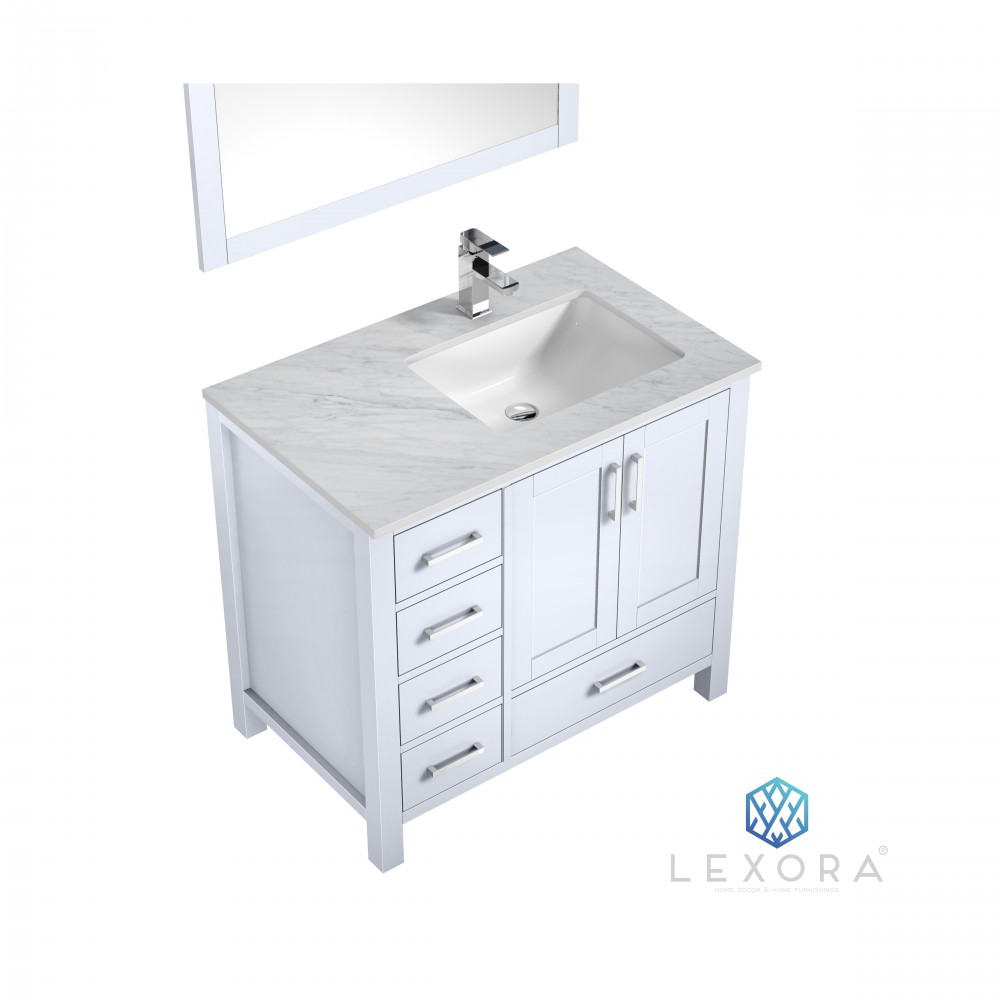 Jacques 36" White Single Vanity, White Carrara Marble Top, White Square Sink and 34" Mirror - Right Version Jacques 36" White Single Vanity, White Carrara Marble Top, White Square Sink and 34" Mirror - Right Version