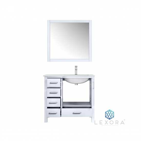 Jacques 36" White Single Vanity, White Carrara Marble Top, White Square Sink and 34" Mirror - Right Version