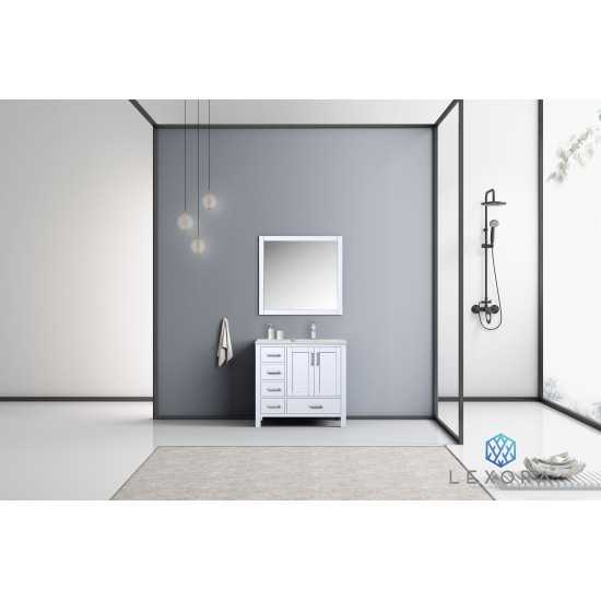 Jacques 36" White Single Vanity, White Carrara Marble Top, White Square Sink and 34" Mirror - Right Version