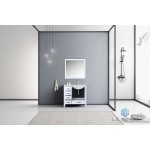 Jacques 36" White Single Vanity, White Carrara Marble Top, White Square Sink and 34" Mirror - Right Version