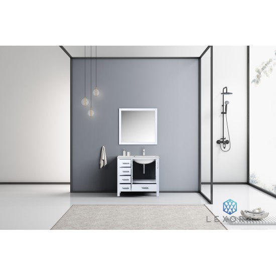 Jacques 36" White Single Vanity, White Carrara Marble Top, White Square Sink and 34" Mirror - Right Version