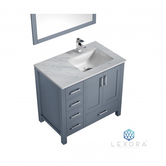 Jacques 36" Dark Grey Single Vanity, White Carrara Marble Top, White Square Sink and 34" Mirror - Right Version