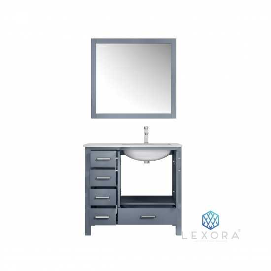 Jacques 36" Dark Grey Single Vanity, White Carrara Marble Top, White Square Sink and 34" Mirror - Right Version