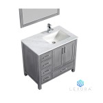 Jacques 36" Distressed Grey Single Vanity, White Carrara Marble Top, White Square Sink and 34" Mirror - Right Version