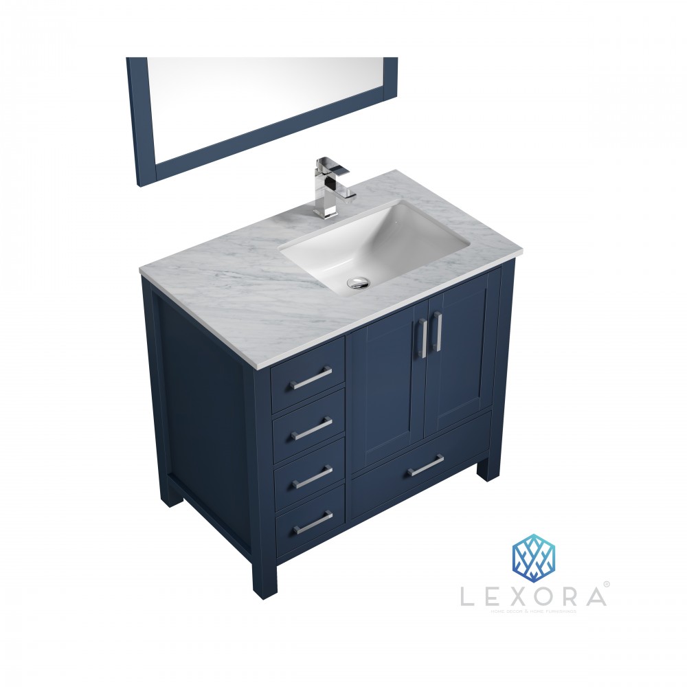 Jacques 36" Navy Blue Single Vanity, White Carrara Marble Top, White Square Sink and 34" Mirror - Right Version