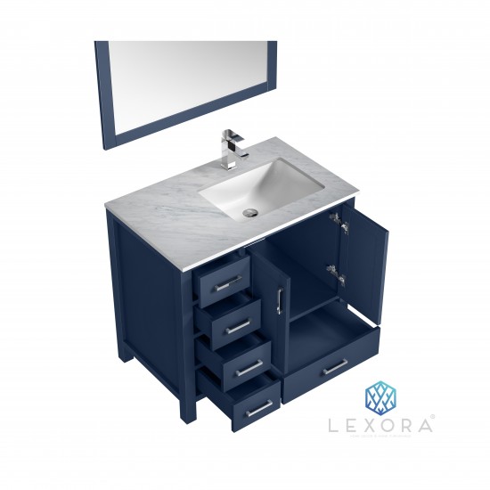 Jacques 36" Navy Blue Single Vanity, White Carrara Marble Top, White Square Sink and 34" Mirror - Right Version