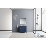 Jacques 36" Navy Blue Single Vanity, White Carrara Marble Top, White Square Sink and 34" Mirror - Right Version