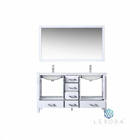 Jacques 60" White Double Vanity, White Carrara Marble Top, White Square Sinks and 58" Mirror