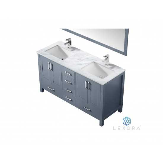 Jacques 60" Dark Grey Double Vanity, White Carrara Marble Top, White Square Sinks and 58" Mirror