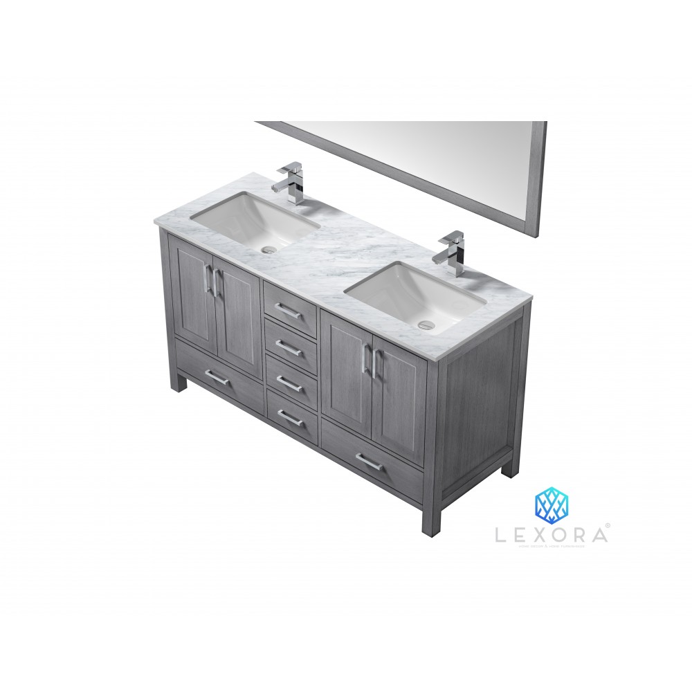 Jacques 60" Distressed Grey Double Vanity, White Carrara Marble Top, White Square Sinks and 58" Mirror Jacques 60" Distressed Grey Double Vanity, White Carrara Marble Top, White Square Sinks and 58" Mirror