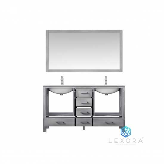 Jacques 60" Distressed Grey Double Vanity, White Carrara Marble Top, White Square Sinks and 58" Mirror