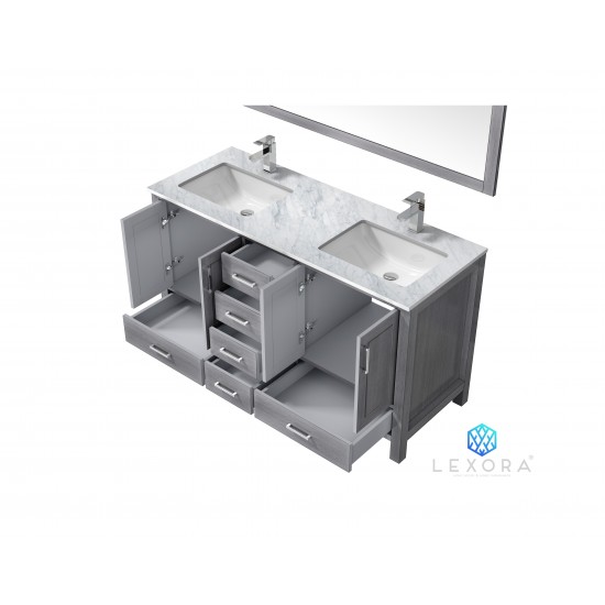 Jacques 60" Distressed Grey Double Vanity, White Carrara Marble Top, White Square Sinks and 58" Mirror