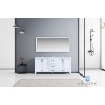 Jacques 72" White Double Vanity, White Carrara Marble Top, White Square Sinks and 70" Mirror