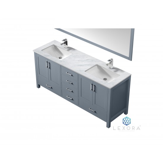 Jacques 72" Dark Grey Double Vanity, White Carrara Marble Top, White Square Sinks and 70" Mirror