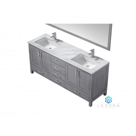 Jacques 72" Distressed Grey Double Vanity, White Carrara Marble Top, White Square Sinks and 70" Mirror