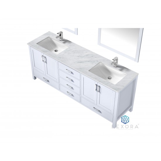 Jacques 80" White Double Vanity, White Carrara Marble Top, White Square Sinks and 30" Mirrors