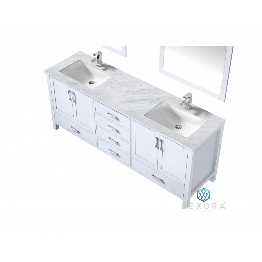 Jacques 80" White Double Vanity, White Carrara Marble Top, White Square Sinks and 30" Mirrors