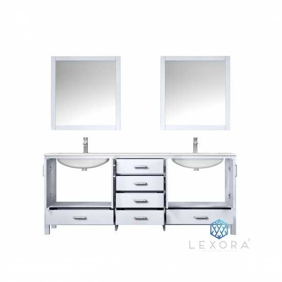 Jacques 80" White Double Vanity, White Carrara Marble Top, White Square Sinks and 30" Mirrors